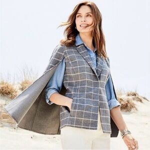 Chico's Gray Windowpane Plaid Cape Jacket Button Front Lined Sz M
